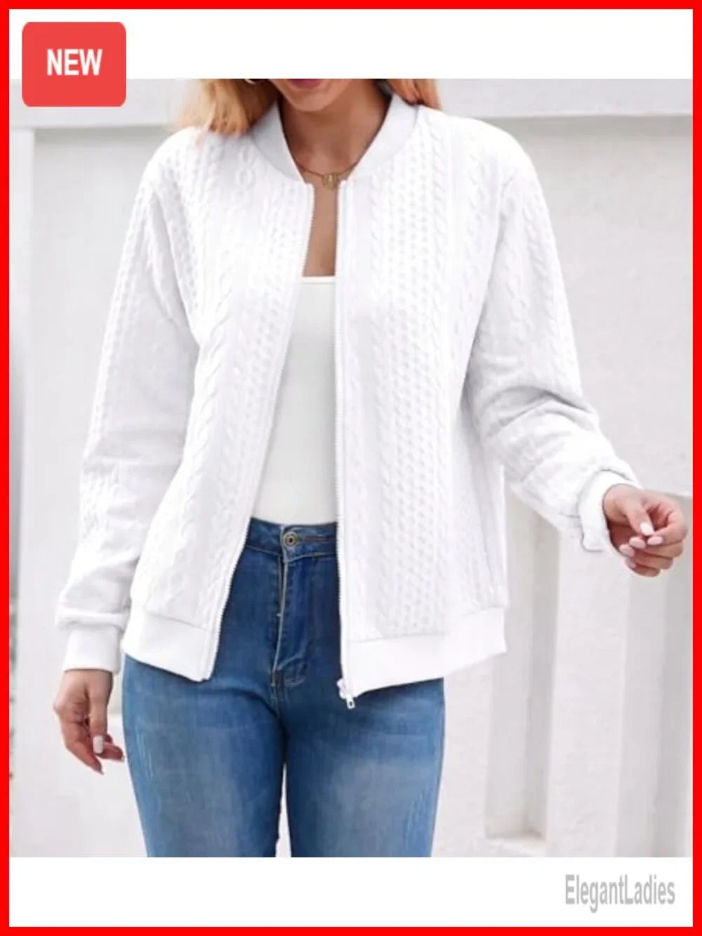 Zip Up Cardigan Sweater Cable Knit Long Sleeve Crewneck Coat Women